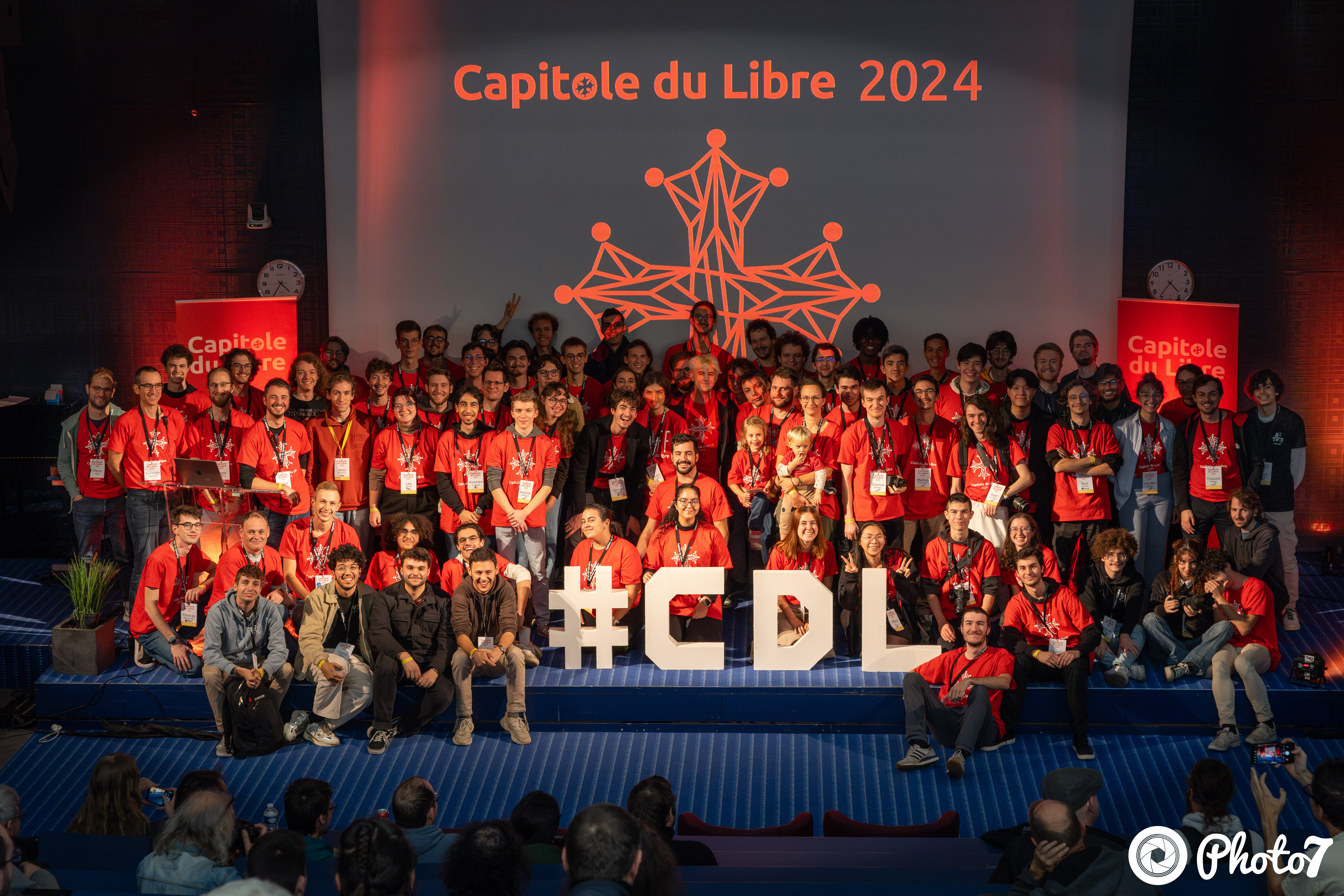 A shot of all (or at least most of) the people that volonteered during the Capitole du Libre in 2024.